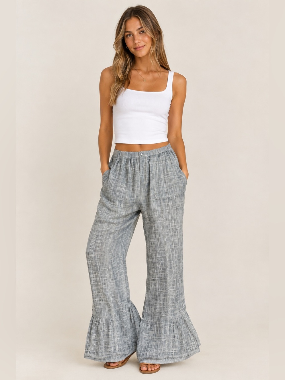Soft Surroundings Raliegh Gauze Grey Blue Ruffle Pants Size Large